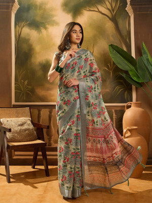 ShopGlobal Printed Banarasi Pure Cotton Saree(Grey)