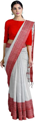 ADbutiq Woven, Self Design Tant Handloom Pure Cotton Saree(White)