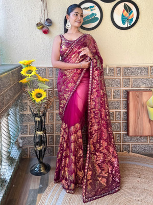Divastri Embellished Bollywood Net Saree(Magenta)