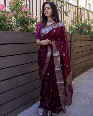 HouseOfCommon Woven, Embellished Banarasi Linen, Pure Cotton Saree(Maroon)