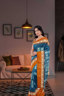 Classy Foriever Printed Ikkat Cotton Blend Saree(Light Blue)