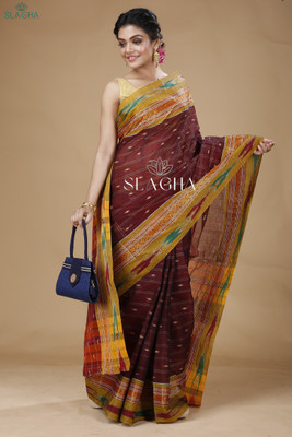 SLAGHA Checkered Tant Handloom Pure Cotton Saree(Maroon)
