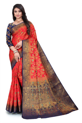 SHYAM TEX Embellished Kanjivaram Silk Blend, Jacquard Saree(Red)