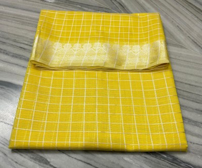 SareeKaart Checkered Murshidabad Cotton Blend Saree(Yellow)