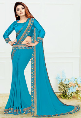 HNC Retail Temple Border, Solid/Plain Bollywood Lycra Blend, Chiffon Saree(Light Blue)