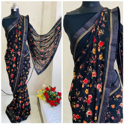 bhavika silk mills Digital Print Daily Wear Georgette Saree(Black)