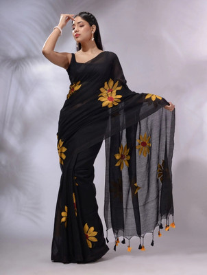 HouseOfCommon Floral Print Tant Handloom Cotton Blend Saree(Black)