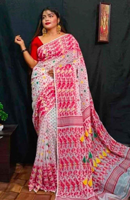 Soma Tant saree Mahal Self Design, Woven, Geometric Print Handloom Cotton Silk Saree(White)