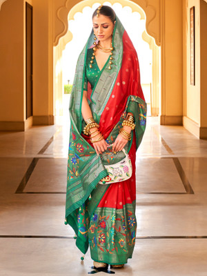 Tasrika Woven Banarasi Silk Blend Saree(Red)