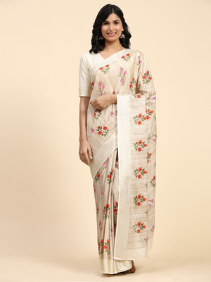 Rachna Floral Print Bollywood Viscose Rayon Saree(Cream)