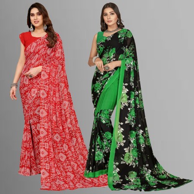 Anand Sarees Floral Print, Polka Print, Ombre, Printed Bollywood Georgette Saree(Pack of 2, Green, Black, Red)