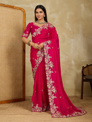 SARETRA MALL Embroidered, Embellished, Floral Print Bollywood Tissue, Organza Saree(Pink)