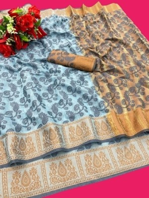 TRINITI FAB Floral Print Kanjivaram Jacquard Saree(Blue)