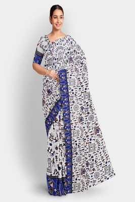 PRIDE SALES Printed Handloom Cotton Jute Saree(White)
