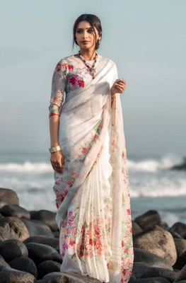 STAVA CREATION Digital Print Bollywood Linen Saree(White)