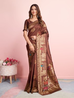 RICH & ROMAN Embellished Banarasi Jacquard, Pure Silk Saree(Brown)