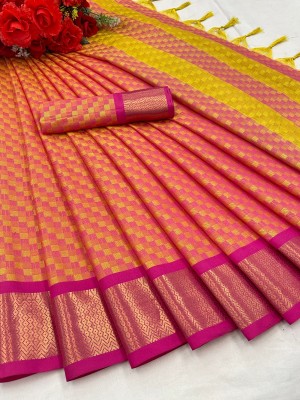 Fancy Fab Printed, Solid/Plain, Striped, Woven, Temple Border, Applique, Dyed, Ombre, Paisley, Self Design Pochampally Cotton Silk, Jute Silk Saree(Yellow)