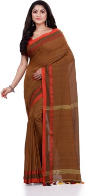 Desh Bidesh Woven, Self Design, Striped, Solid/Plain Handloom Handloom Cotton Blend, Pure Cotton Saree(Brown)