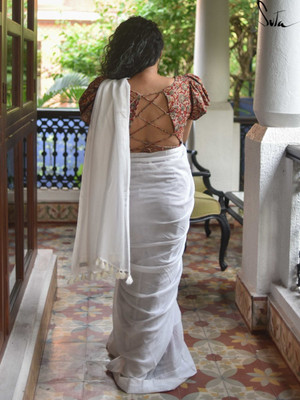 Suta Self Design Handloom Pure Cotton Saree(White)