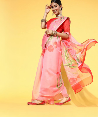 Sareemall Printed Daily Wear Organza Saree(Orange)