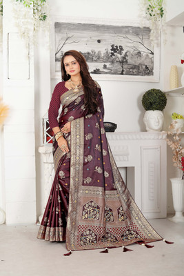 Maitri Fab Woven Banarasi Pure Silk Saree(Maroon)