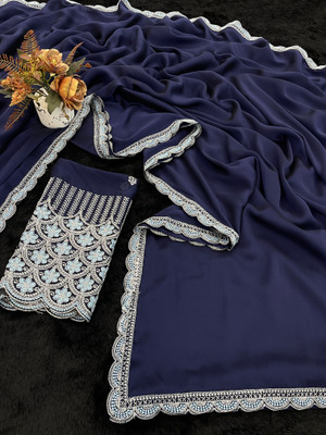 saanvi Solid/Plain, Embroidered Bollywood Art Silk Saree(Dark Blue)