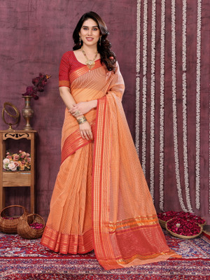 Sidhidata Checkered Kota Doria Cotton Blend Saree(Orange)