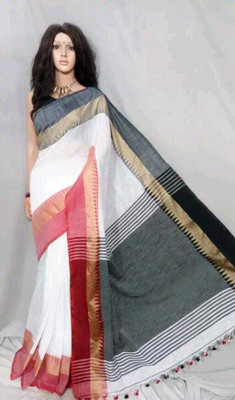 Maatarasaree Temple Border Handloom Handloom Cotton Blend Saree(White)