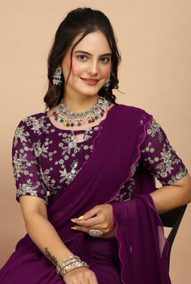 V AMAN FASHION Embroidered, Solid/Plain Bollywood Georgette Saree(Purple)