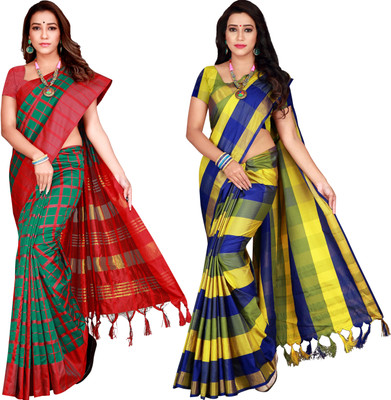 PRIYANSH CREATION Checkered Bollywood Cotton Silk Saree(Pack of 2, Multicolor)