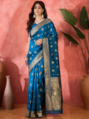 Sangria Woven Saree with Attached Blouse Silk Blend Saree(Blue)