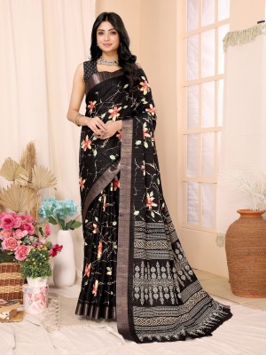 sareya veela Floral Print, Printed Daily Wear Silk Blend Saree(Black)