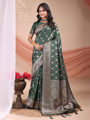 SNH EXPORT Checkered Banarasi Pure Silk Saree(Green)