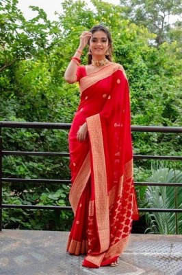 KRIYANSH Woven, Printed, Applique, Embellished Kanjivaram Cotton Blend, Jacquard Saree(Red)