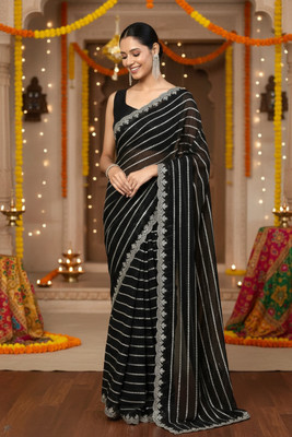 KRISHNA FASHION Striped, Embroidered Bollywood Georgette Saree(Black)