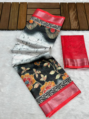 FULIYA SILK Printed, Graphic Print, Floral Print, Blocked Printed, Digital Print Hand Batik Linen Saree(Multicolor)