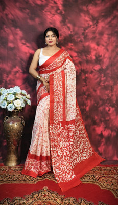 SARATHITEXTILE Color Block Hand Batik Cotton Blend Saree(Red)
