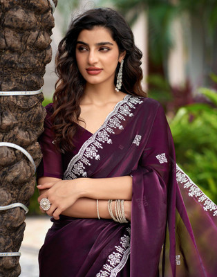 Satrani Embroidered, Embellished Bollywood Jimmy choo, Tissue Saree(Purple)
