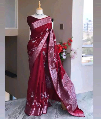ajmera fashion Woven Banarasi Jacquard Saree(Maroon)