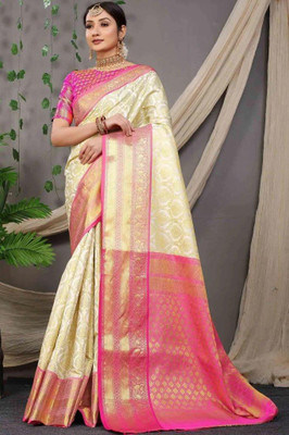 SGF11 Self Design Handloom Art Silk Saree(White)