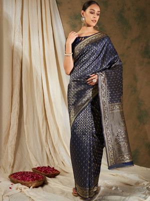 manvaa Woven Banarasi Silk Blend Saree(Dark Blue)