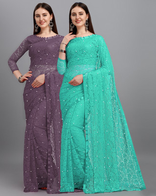 LOROFY Self Design Bollywood Net Saree(Pack of 2, Multicolor)