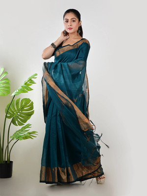 Shaw Creation Self Design Handloom Handloom Linen Saree(Dark Green)