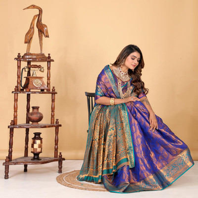 jayant creation Self Design, Woven Daily Wear Silk Blend, Jacquard Saree(Blue)