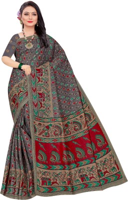 Vihawomens Printed Kalamkari Cotton Blend Saree(Grey)