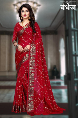 S M PATEL CO Printed Bandhani Art Silk Saree(Red)