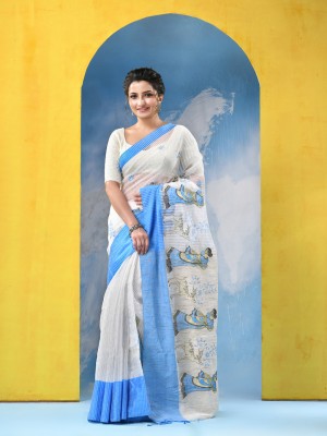 Desh Bidesh Self Design, Solid/Plain, Embroidered, Striped, Woven Handloom Handloom Cotton Blend, Pure Cotton Saree(Blue, White)