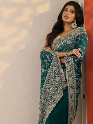 LIBAS Embellished Daily Wear Georgette Saree(Green)