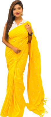 MA TARA TEXTILES ROHIT Floral Print Handloom Cotton Blend Saree(Yellow)