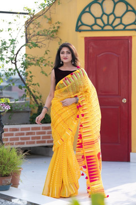 RUPANJALI Printed Jamdani Pure Cotton Saree(Yellow)